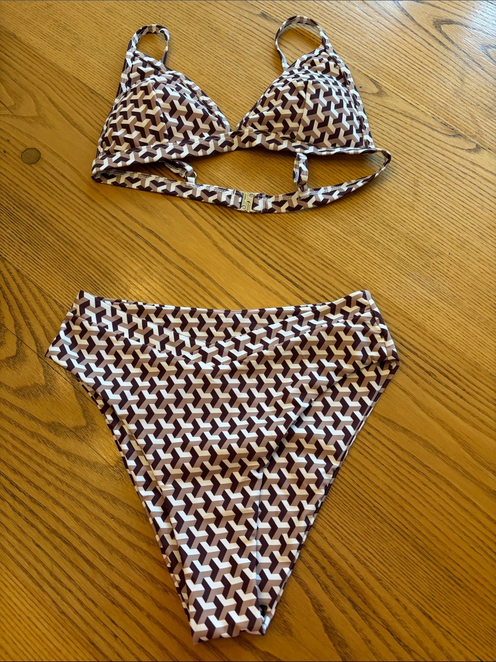 High-Waist Geometric Print Bikini Set in Brown and Cream